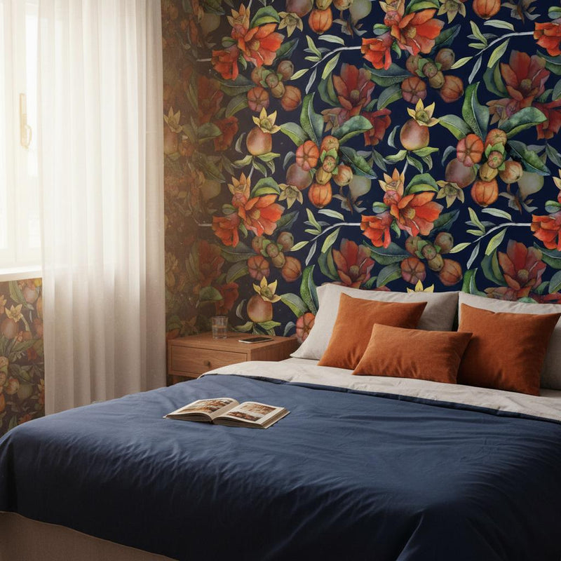 Pomegranate Wallpaper | Dark Navy Botanical Wall Mural | Orange Red Fruit Floral Decor | Peel and Stick Removable Wallpaper