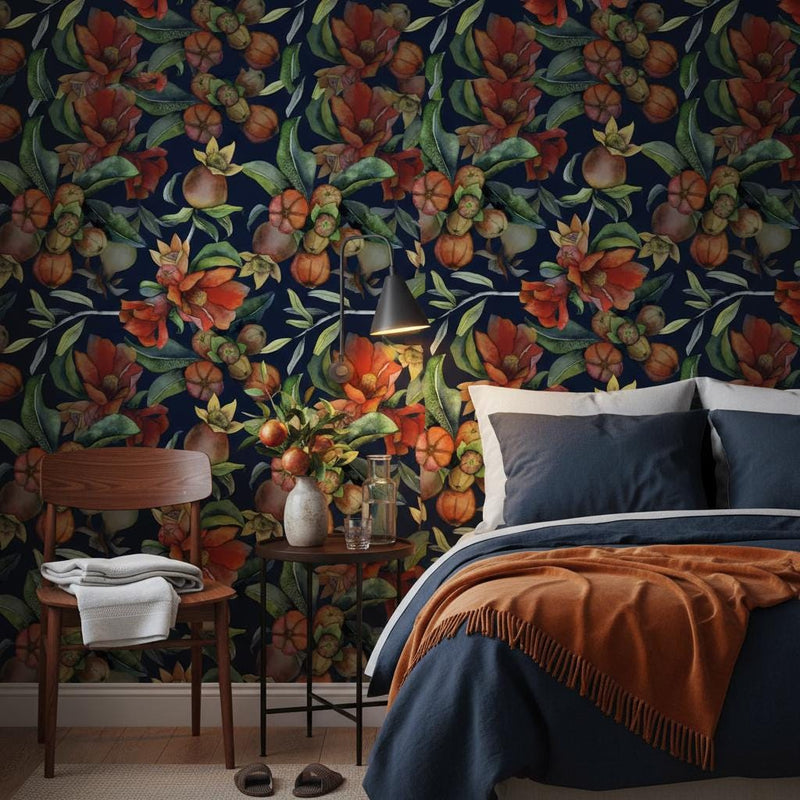 Pomegranate Wallpaper | Dark Navy Botanical Wall Mural | Orange Red Fruit Floral Decor | Peel and Stick Removable Wallpaper