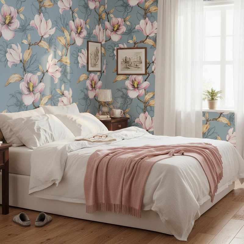 Magnolia Wallpaper | Blue Pink Floral Wall Mural | Spring Botanical Decor | Peel and Stick Removable Wallpaper
