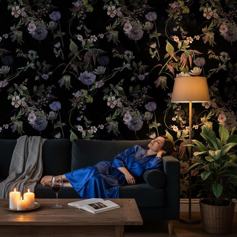 Dark Floral Wallpaper | Moody Black Botanical Wall Mural | Purple Anemone Maximalist Decor | Peel and Stick Removable Wallpaper