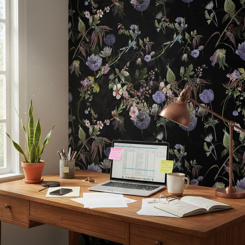 Dark Floral Wallpaper | Moody Black Botanical Wall Mural | Purple Anemone Maximalist Decor | Peel and Stick Removable Wallpaper