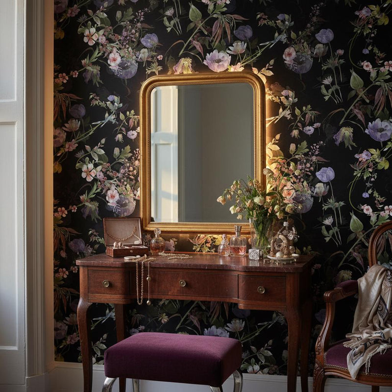 Dark Floral Wallpaper | Moody Black Botanical Wall Mural | Purple Anemone Maximalist Decor | Peel and Stick Removable Wallpaper
