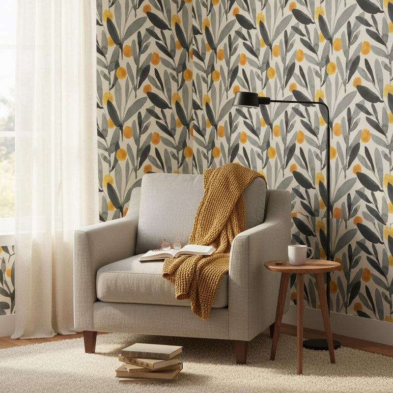Scandinavian Botanical Wallpaper | Olive Leaf  Wall Mural | Nordic Minimalist Decor | Peel and Stick Removable Wallpaper