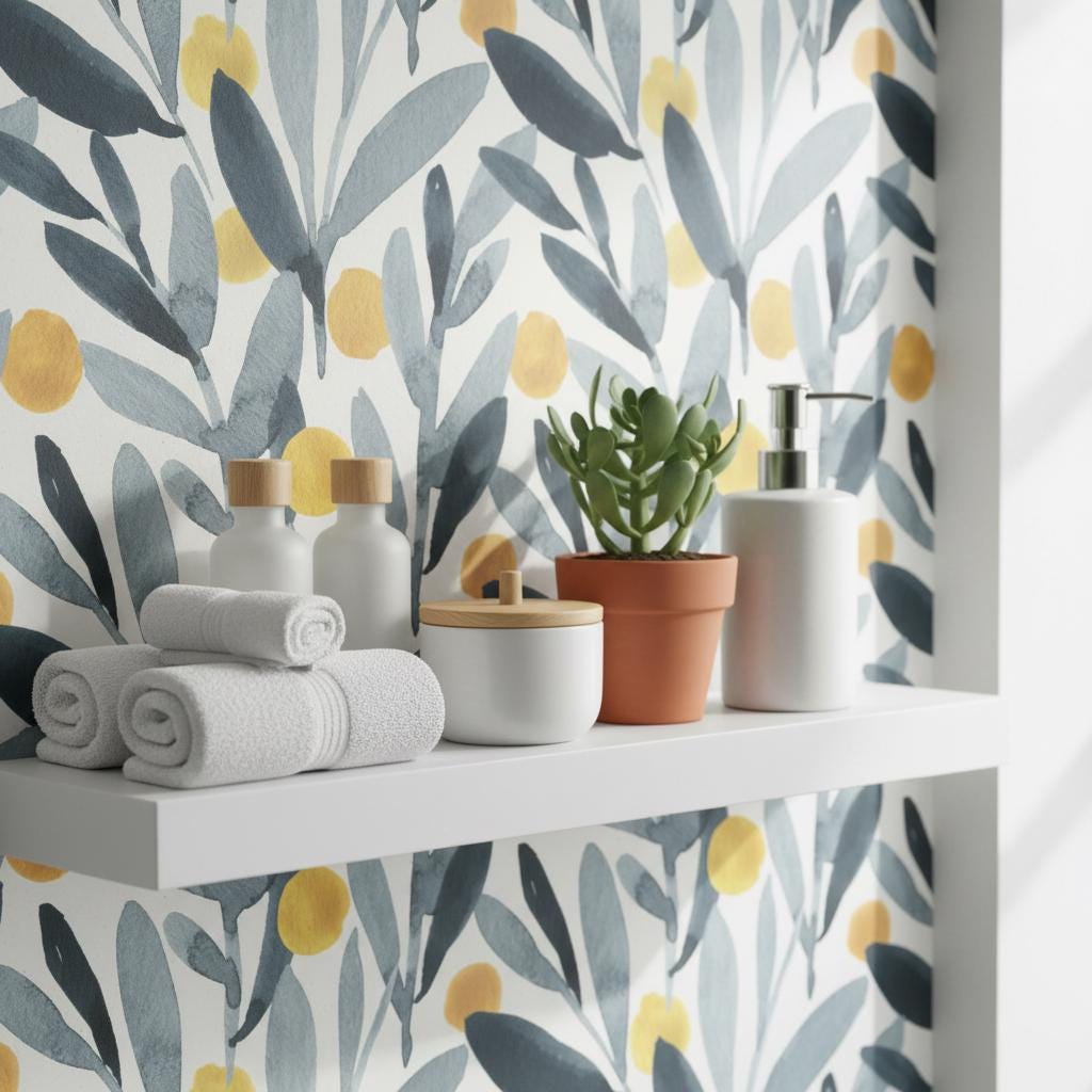Scandinavian Botanical Wallpaper | Olive Leaf  Wall Mural | Nordic Minimalist Decor | Peel and Stick Removable Wallpaper