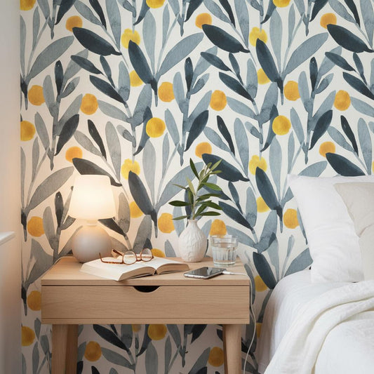Scandinavian Botanical Wallpaper | Olive Leaf  Wall Mural | Nordic Minimalist Decor | Peel and Stick Removable Wallpaper