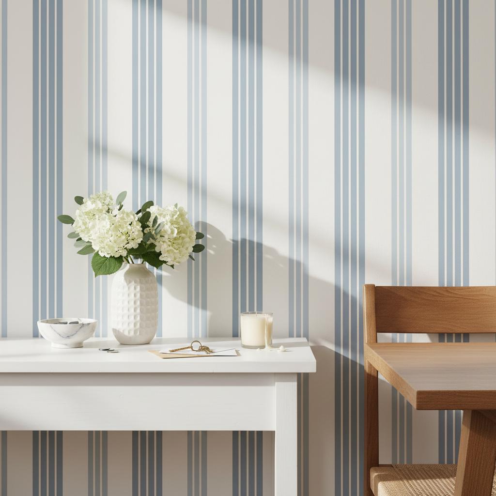 Blue Stripe Wallpaper | Classic Coastal Vertical Stripe Wall Mural | Navy White Preppy Decor | Peel and Stick Removable Wallpaper