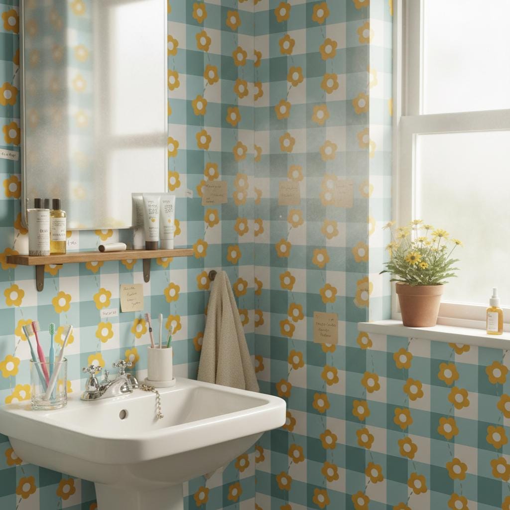 Retro Daisy Gingham Wallpaper | Blue Yellow Checkered Floral Wall Mural | Cottagecore Kids Decor | Peel and Stick Removable Wallpaper