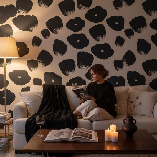 Black Poppy Wallpaper | Bold Minimalist Floral Wall Mural | Cream Black Graphic Decor | Peel and Stick Removable Wallpaper
