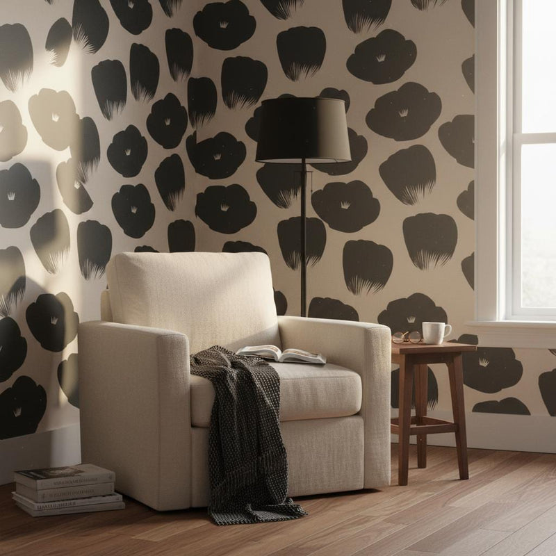 Black Poppy Wallpaper | Bold Minimalist Floral Wall Mural | Cream Black Graphic Decor | Peel and Stick Removable Wallpaper