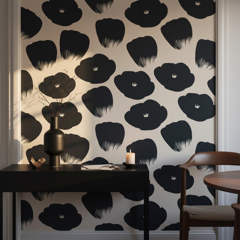 Black Poppy Wallpaper | Bold Minimalist Floral Wall Mural | Cream Black Graphic Decor | Peel and Stick Removable Wallpaper