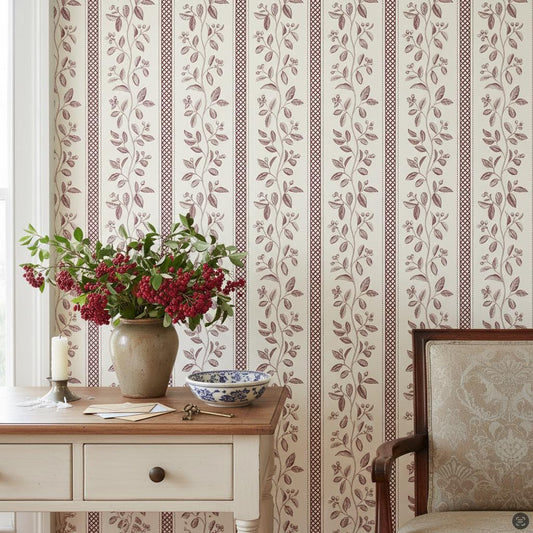 Vintage Botanical Stripe Wallpaper | Burgundy English Country Wall Mural | Classic Cottage Decor | Peel and Stick Removable Wallpaper