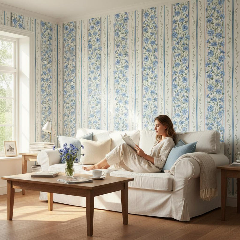 Botanical Stripe Wallpaper | Blue Leaf | Elegant Vertical Stripes | Peel and Stick| Cottage Garden