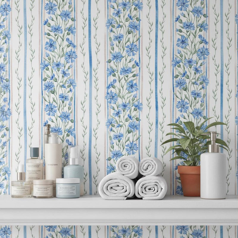 Botanical Stripe Wallpaper | Blue Leaf | Elegant Vertical Stripes | Peel and Stick| Cottage Garden