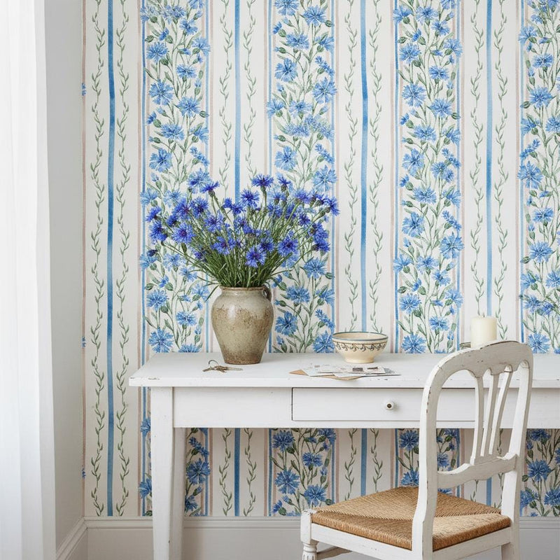 Botanical Stripe Wallpaper | Blue Leaf | Elegant Vertical Stripes | Peel and Stick| Cottage Garden