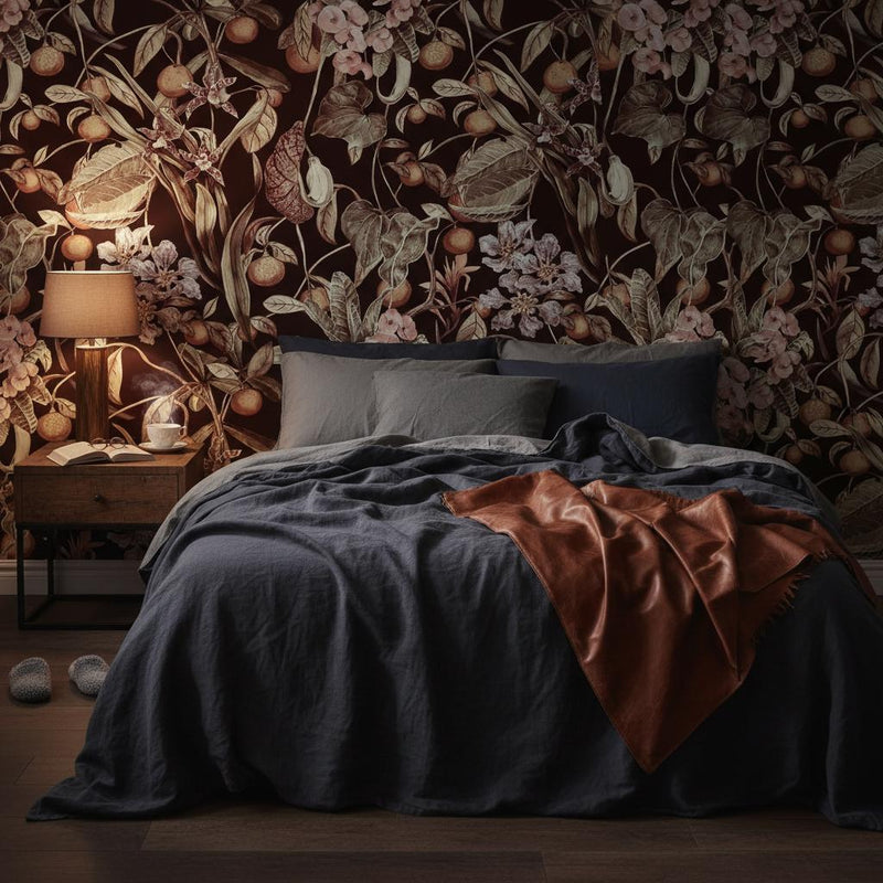 Dark Tropical Botanical Wallpaper | Burgundy Mandarin Orchid Anthurium Wall Mural | Luxury Exotic Decor | Peel and Stick Removable Wallpaper
