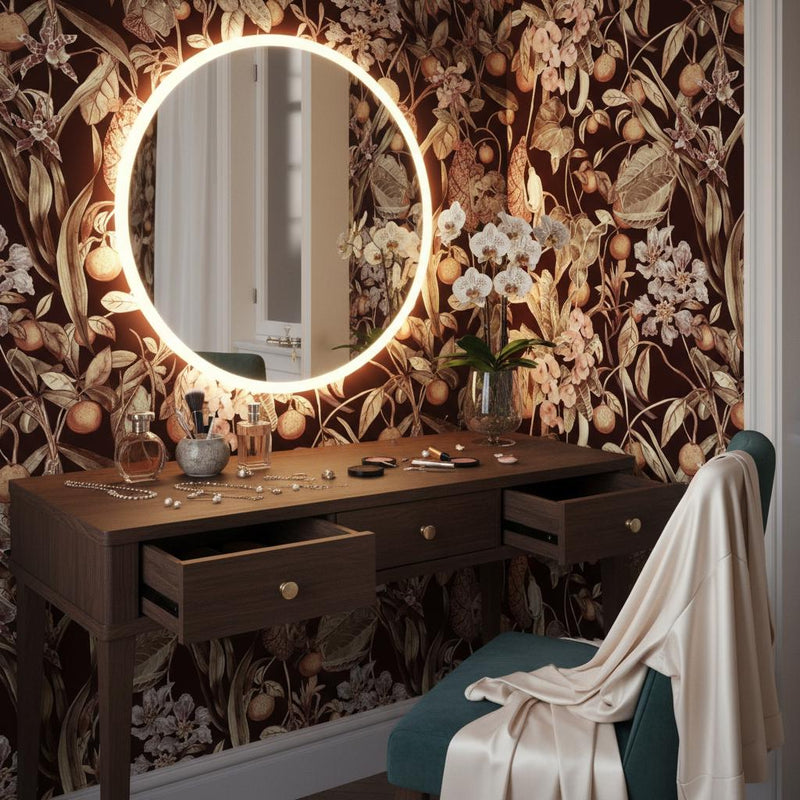 Dark Tropical Botanical Wallpaper | Burgundy Mandarin Orchid Anthurium Wall Mural | Luxury Exotic Decor | Peel and Stick Removable Wallpaper