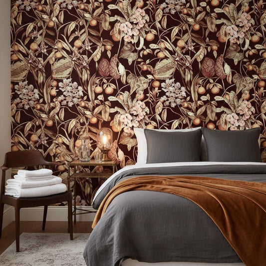 Dark Tropical Botanical Wallpaper | Burgundy Mandarin Orchid Anthurium Wall Mural | Luxury Exotic Decor | Peel and Stick Removable Wallpaper