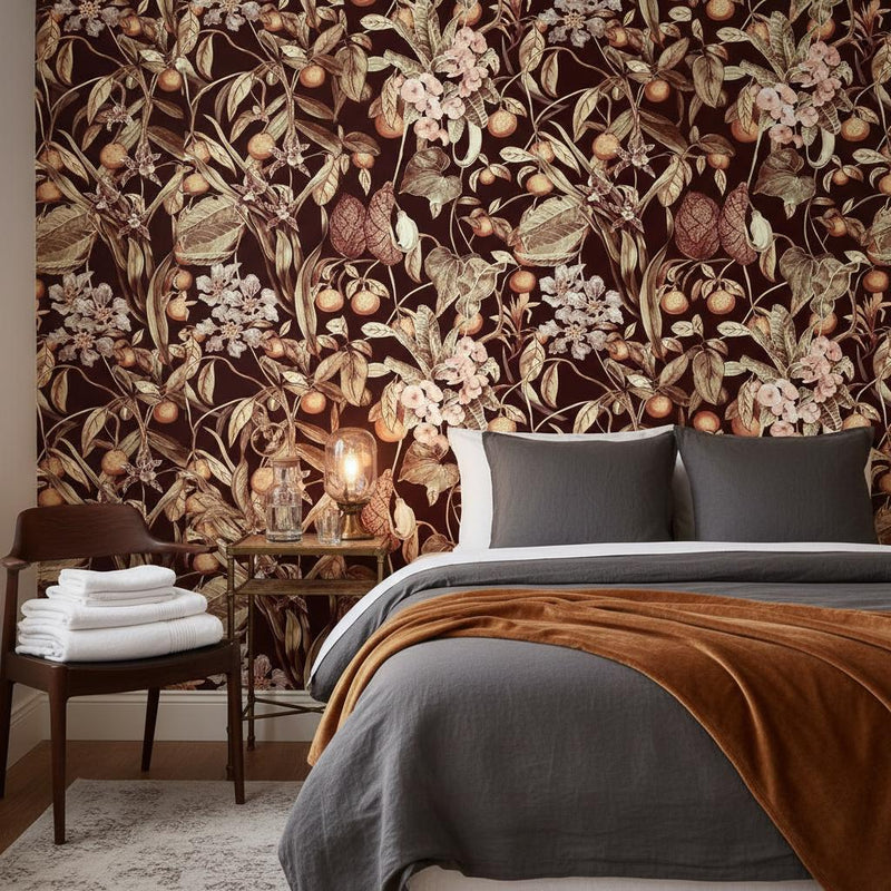 Dark Tropical Botanical Wallpaper | Burgundy Mandarin Orchid Anthurium Wall Mural | Luxury Exotic Decor | Peel and Stick Removable Wallpaper