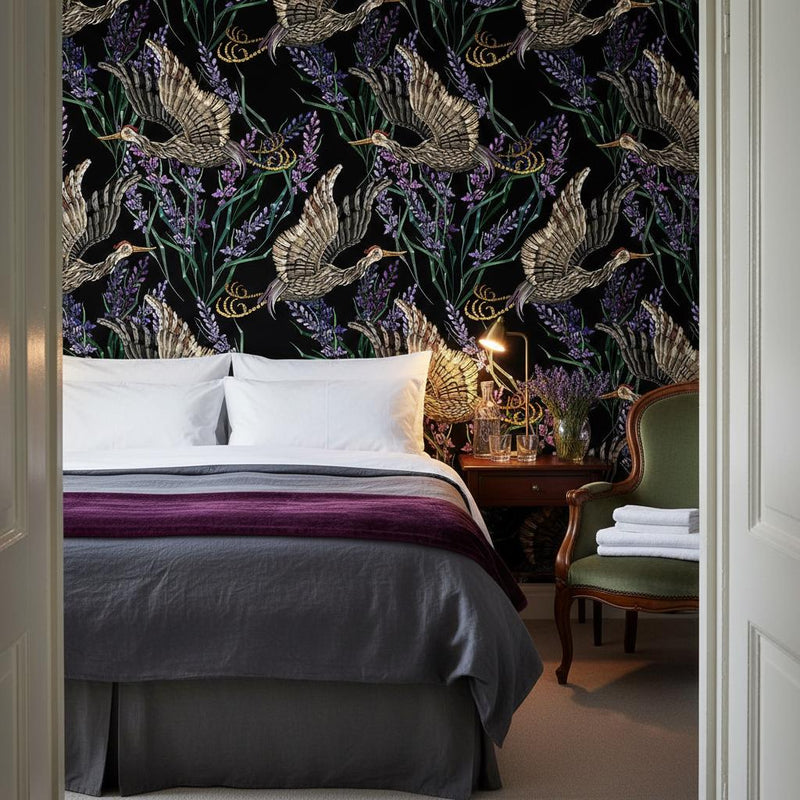 Japanese Crane Wallpaper Bird Wall Mural | Art Nouveau Luxury Decor | Peel and Stick Removable Wallpaper