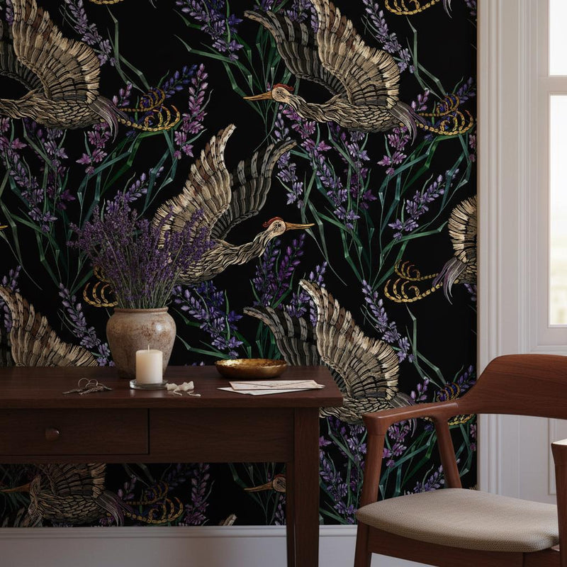 Japanese Crane Wallpaper Bird Wall Mural | Art Nouveau Luxury Decor | Peel and Stick Removable Wallpaper