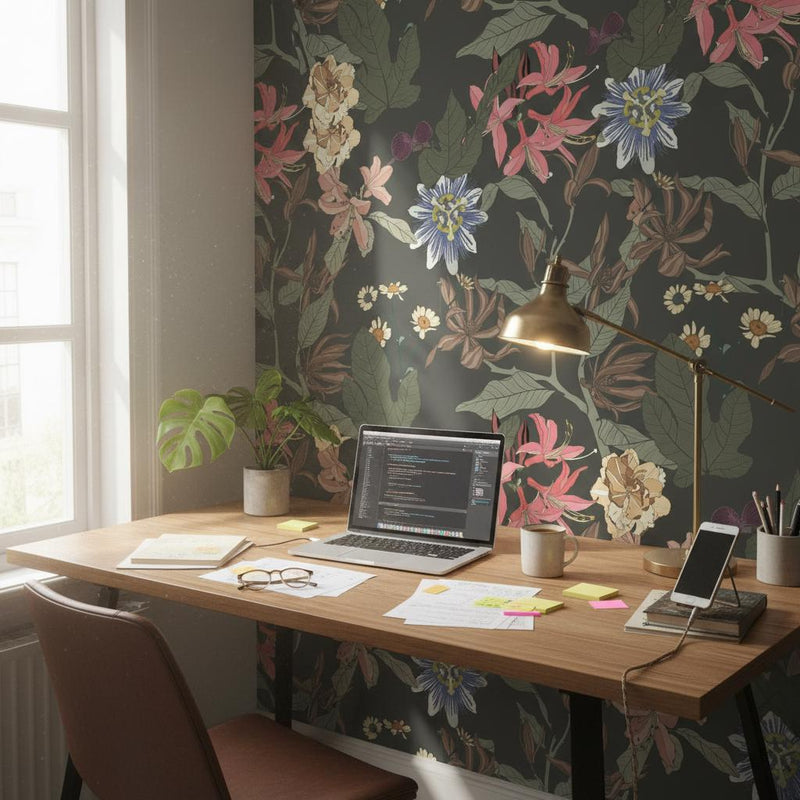 Dark Botanical Wallpaper | Olive Passionflower Lily Rose Wall Mural | Moody Garden Decor | Peel and Stick Removable Wallpaper