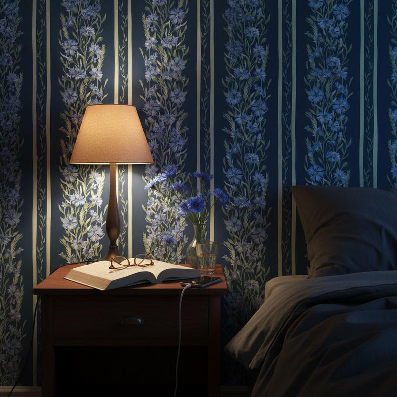 Dark Navy Wallpaper | Blue Botanical Stripe Wall Mural | Moody Floral Garden Decor | Peel and Stick Removable Wallpaper