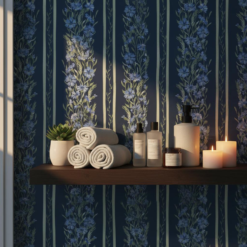 Dark Navy Wallpaper | Blue Botanical Stripe Wall Mural | Moody Floral Garden Decor | Peel and Stick Removable Wallpaper