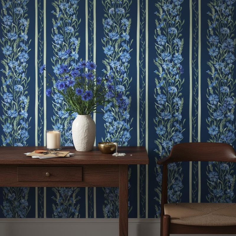 Dark Navy Wallpaper | Blue Botanical Stripe Wall Mural | Moody Floral Garden Decor | Peel and Stick Removable Wallpaper