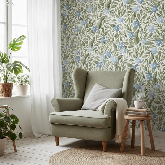 Floral Wallpaper Peel and Stick | Botanical Leaves Wall Mural | Scandinavian Garden | Removable Wallpaper Roll | Bedroom Living Room