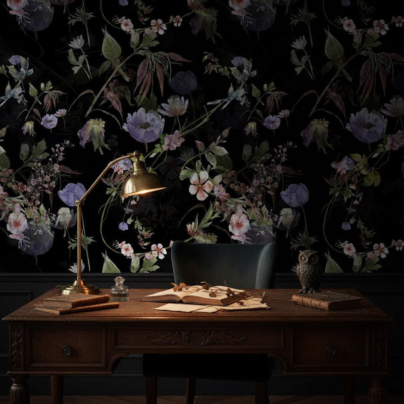 Dark Floral Wallpaper Peel and Stick | Moody Botanical Wall Mural | Black Background Flower | Dark Academia Decor | Removable Wallpaper