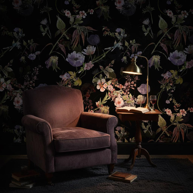 Dark Floral Wallpaper Peel and Stick | Moody Botanical Wall Mural | Black Background Flower | Dark Academia Decor | Removable Wallpaper