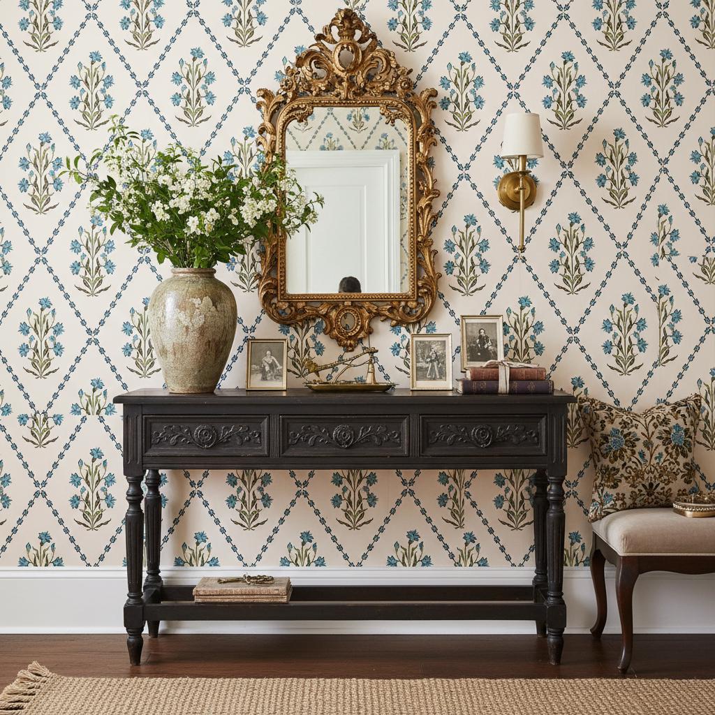 Mughal Floral Wallpaper Peel and Stick | Blue Trellis Botanical Wall Mural | Indian Decor | Removable Wallpaper Roll