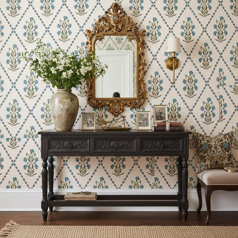 Mughal Floral Wallpaper Peel and Stick | Blue Trellis Botanical Wall Mural | Indian Decor | Removable Wallpaper Roll