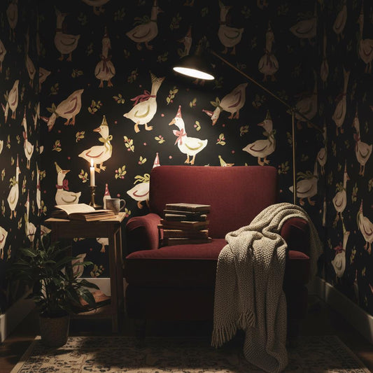 Whimsical Goose Wallpaper | Black Maximalist Wall Decor | Funny Geese Pattern Wallpaper for Kitchen Dining Room Nursery