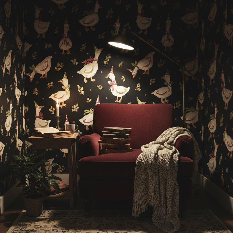 Whimsical Goose Wallpaper | Black Maximalist Wall Decor | Funny Geese Pattern Wallpaper for Kitchen Dining Room Nursery