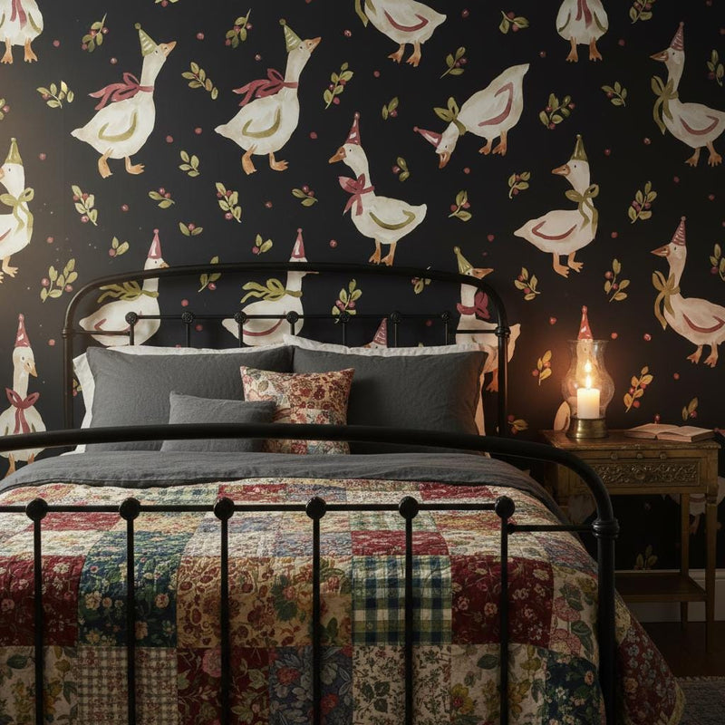 Whimsical Goose Wallpaper | Black Maximalist Wall Decor | Funny Geese Pattern Wallpaper for Kitchen Dining Room Nursery