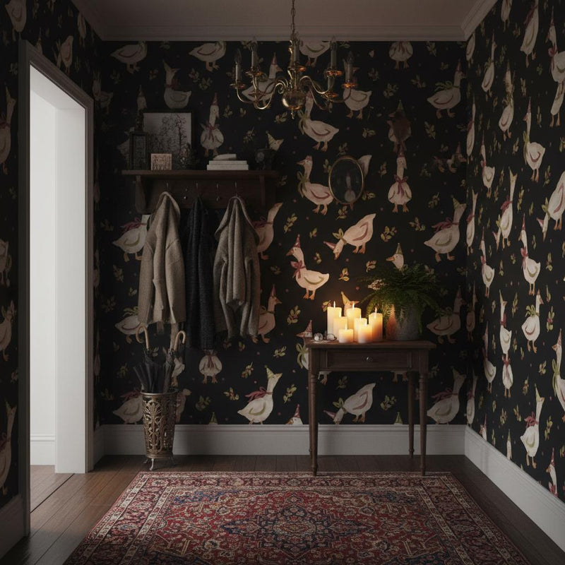 Whimsical Goose Wallpaper | Black Maximalist Wall Decor | Funny Geese Pattern Wallpaper for Kitchen Dining Room Nursery