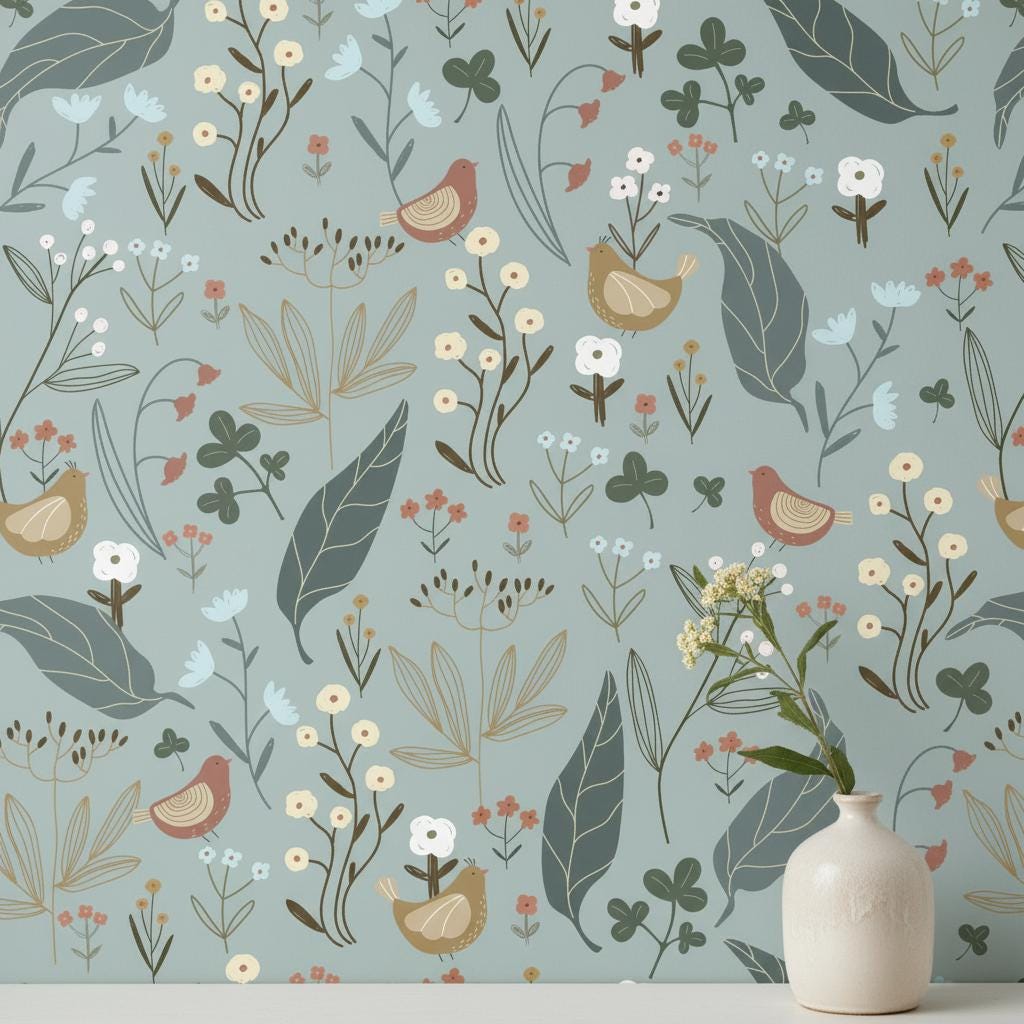 Bird Botanical Wallpaper | Folk Floral Wall Decor | Nature Nursery Wallpaper with Birds and Wildflowers