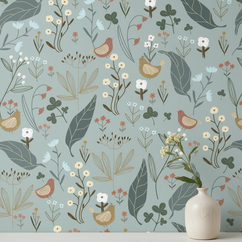 Bird Botanical Wallpaper | Folk Floral Wall Decor | Nature Nursery Wallpaper with Birds and Wildflowers