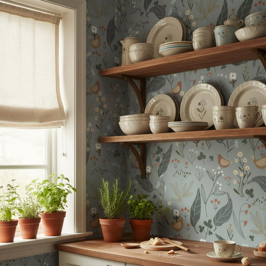 Bird Botanical Wallpaper | Folk Floral Wall Decor | Nature Nursery Wallpaper with Birds and Wildflowers