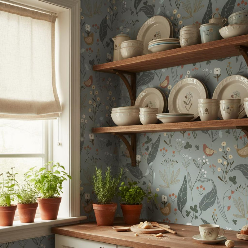 Bird Botanical Wallpaper | Folk Floral Wall Decor | Nature Nursery Wallpaper with Birds and Wildflowers