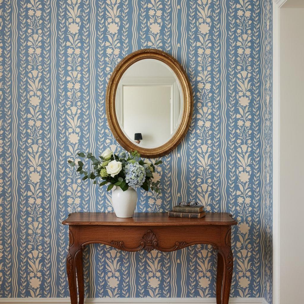 Blue Floral Stripe Wallpaper | French Country Botanical Wall Decor | Flower Wallpaper for Bedroom Living Room