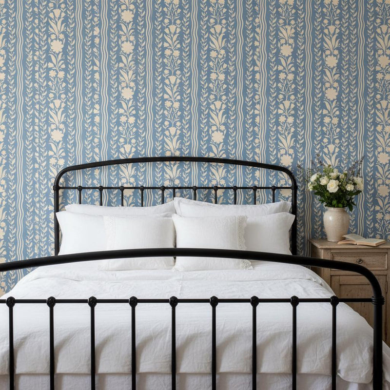 Blue Floral Stripe Wallpaper | French Country Botanical Wall Decor | Flower Wallpaper for Bedroom Living Room