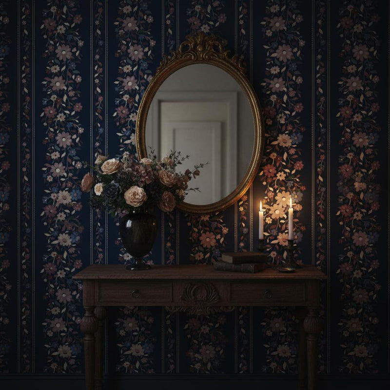 Dark Navy Floral Stripe Wallpaper | Moody Romantic Wall Decor | Maximalist Flower Garland Wallpaper for Bedroom Dining Room