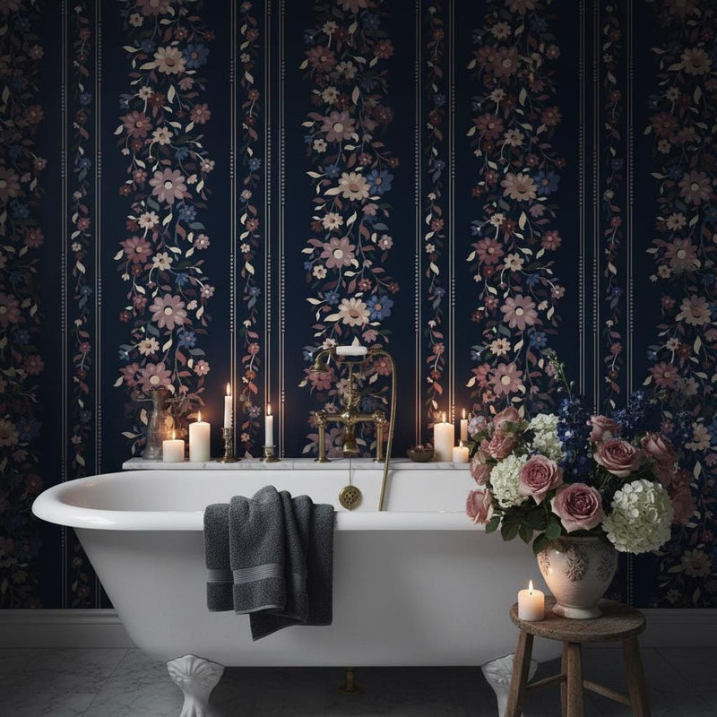 Dark Navy Floral Stripe Wallpaper | Moody Romantic Wall Decor | Maximalist Flower Garland Wallpaper for Bedroom Dining Room