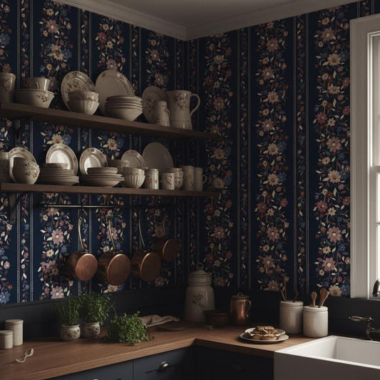 Dark Navy Floral Stripe Wallpaper | Moody Romantic Wall Decor | Maximalist Flower Garland Wallpaper for Bedroom Dining Room