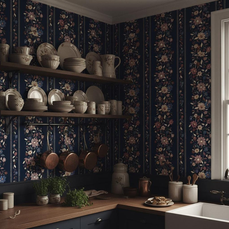 Dark Navy Floral Stripe Wallpaper | Moody Romantic Wall Decor | Maximalist Flower Garland Wallpaper for Bedroom Dining Room