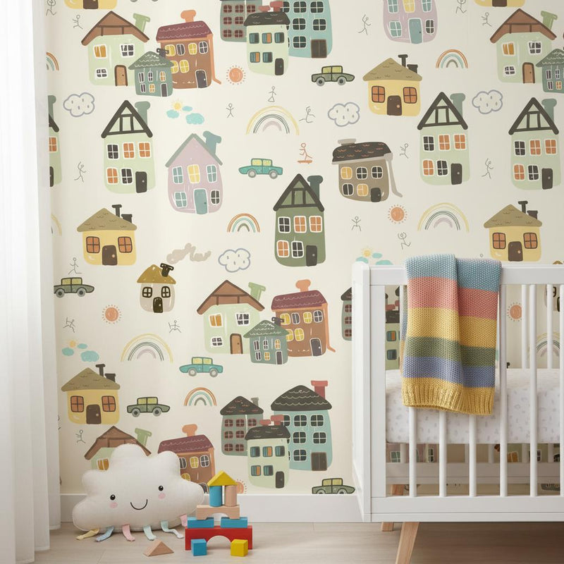 Whimsical Village Wallpaper Kids Room | Colorful Houses Rainbow Nursery | Playful Town Decor | Peel and Stick