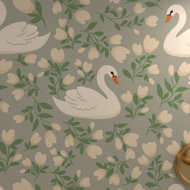 Elegant Swan Wallpaper Gray | Botanical Floral Nursery Decor | Sophisticated Kids Room | Peel and Stick