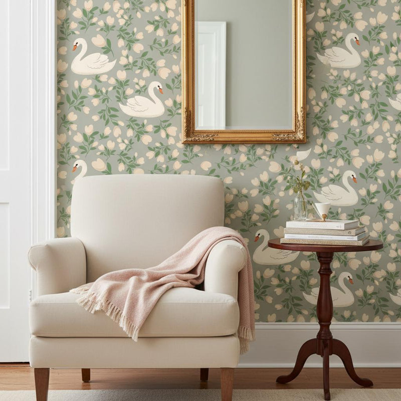 Elegant Swan Wallpaper Gray | Botanical Floral Nursery Decor | Sophisticated Kids Room | Peel and Stick